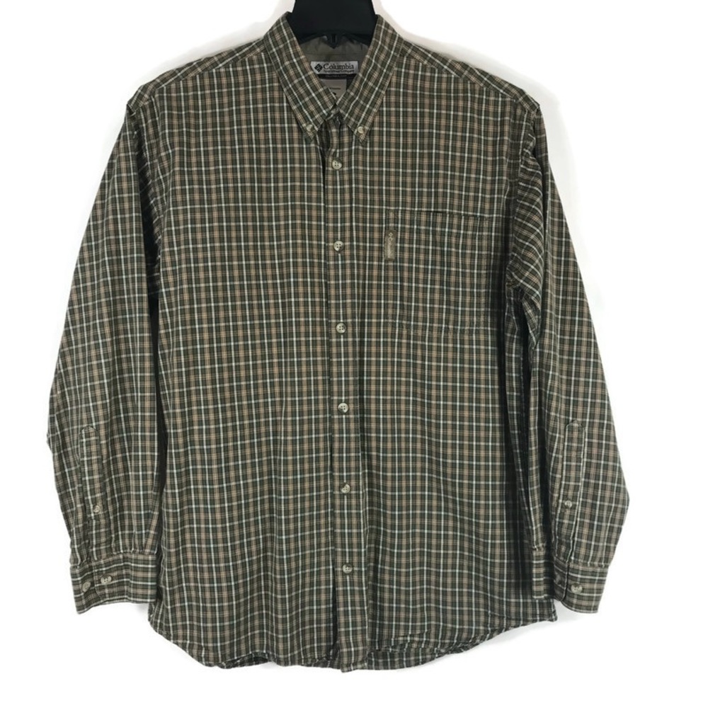 Columbia Button Down Plaid Shirt Green Brown cream Mens size Large